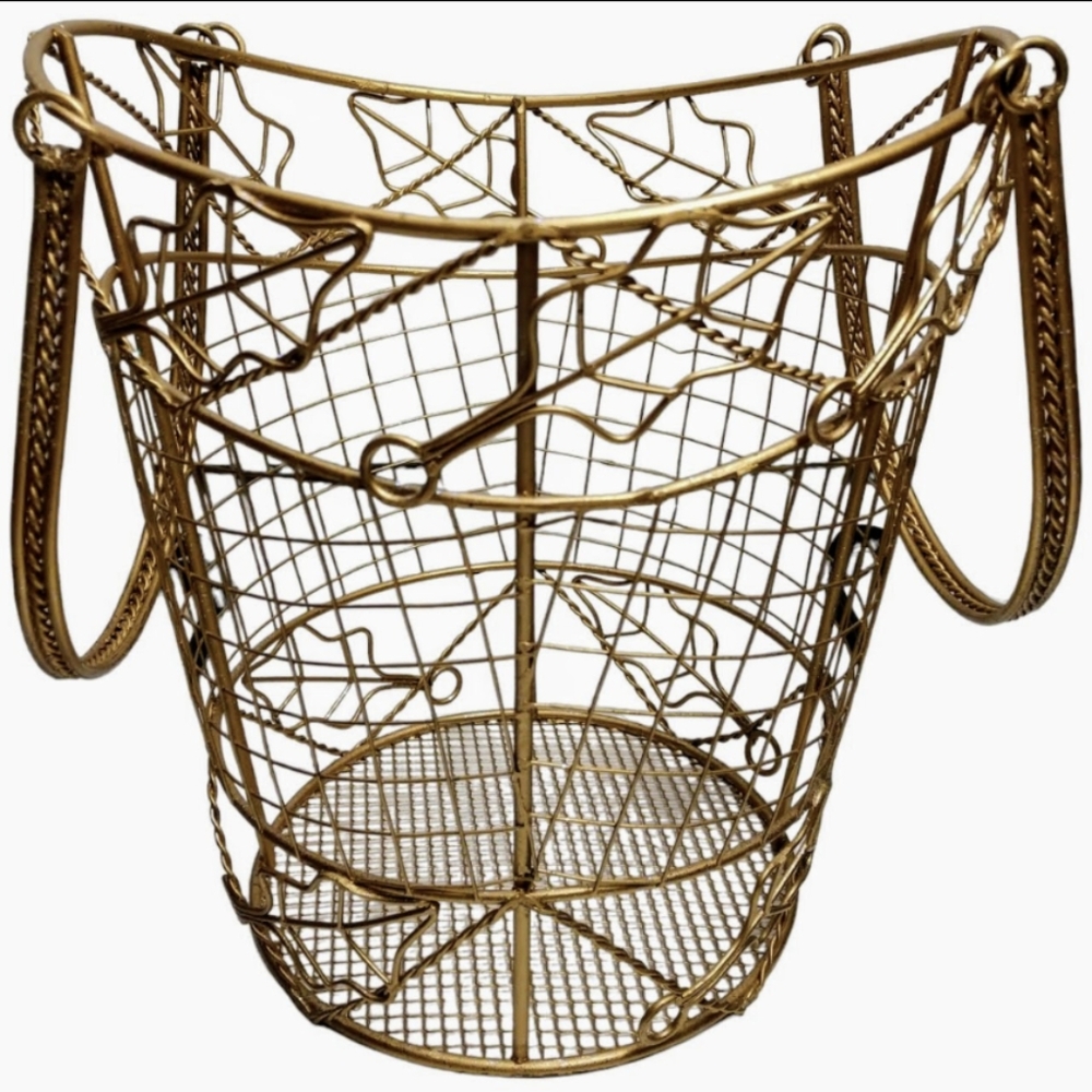 Christmas Holiday Gift/Storage Basket Gold Metal Wire 2 Handles Glittery Sturdy